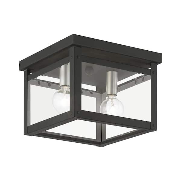 Livex Lighting Milford 8 in. 2-Light Black Semi-Flush Mount with Brushed Nickel Candles and Clear Glass