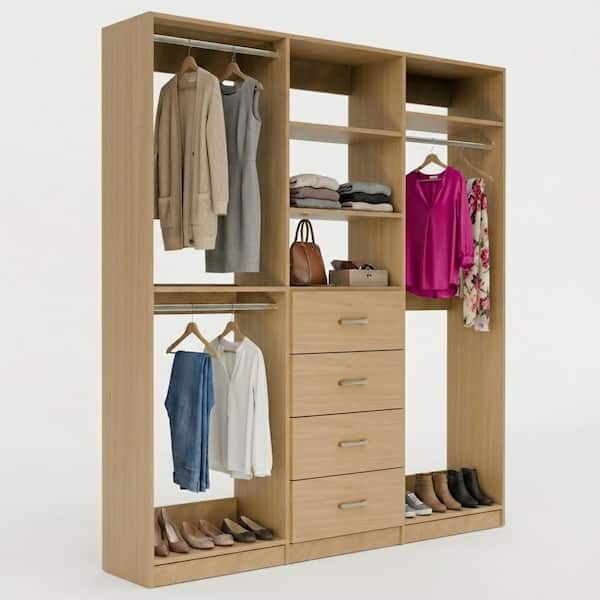 Alto Collection 72 in. W Oak Wall Mounted Double Hang, 4-Drawer and Tall Hang Wood Closet System