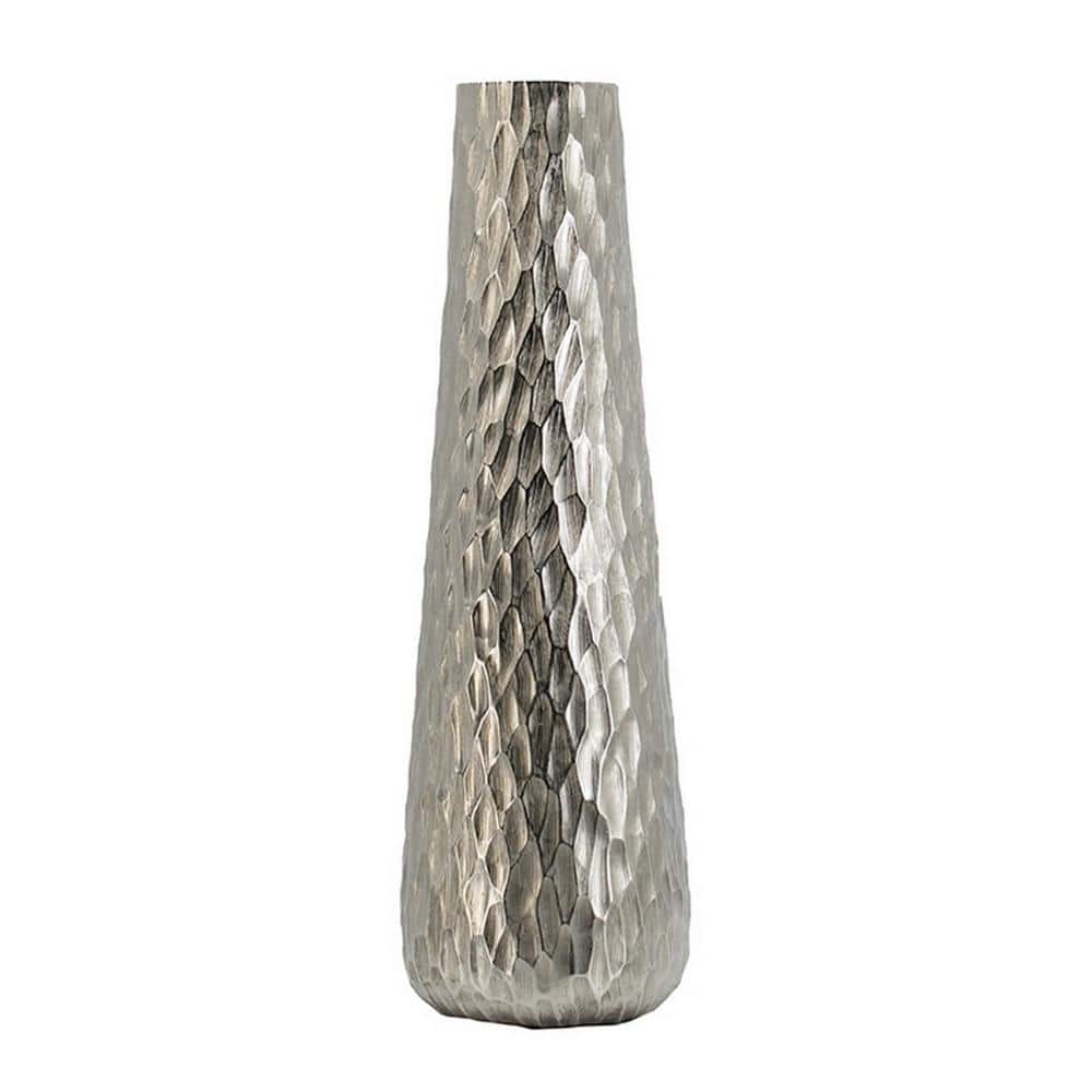 23-Inch Silver Diamond Textured Aluminum Tapered Vase