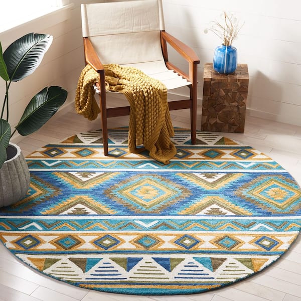 Aspen 6 ft. x 6 ft. Blue/Yellow Aztec Geometric Round Area Rug