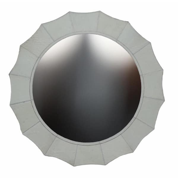 Ivory 41.5 in. x 41.5 in. Round Wood Scallop Hair on Hide Framed Mirror