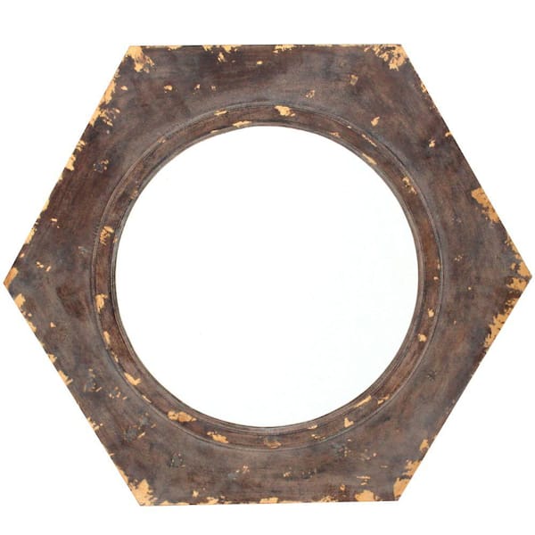Benjara 23.5 in. x 3.5 in. Rustic Style Silver and Brown Wooden Round Glass Hexagon Framed Wall Decorative Mirror