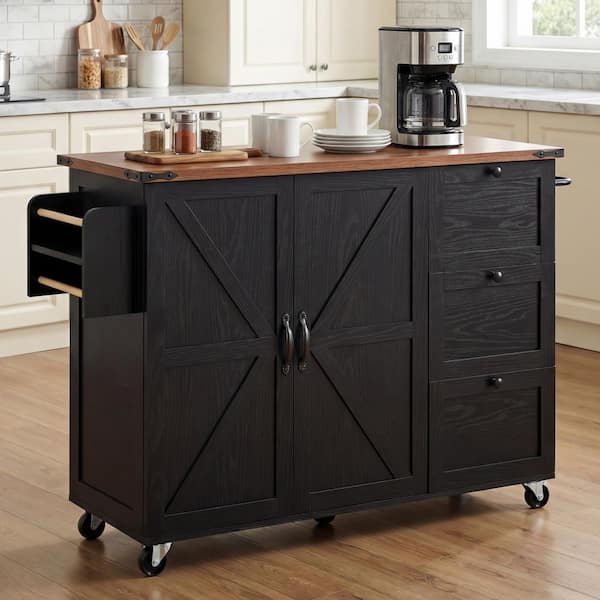 Black Wood 54 in. Kitchen Island with Drop Leaf, 2-Power Outlet Internal Storage Rack for Home, Kitchen and Dining Room