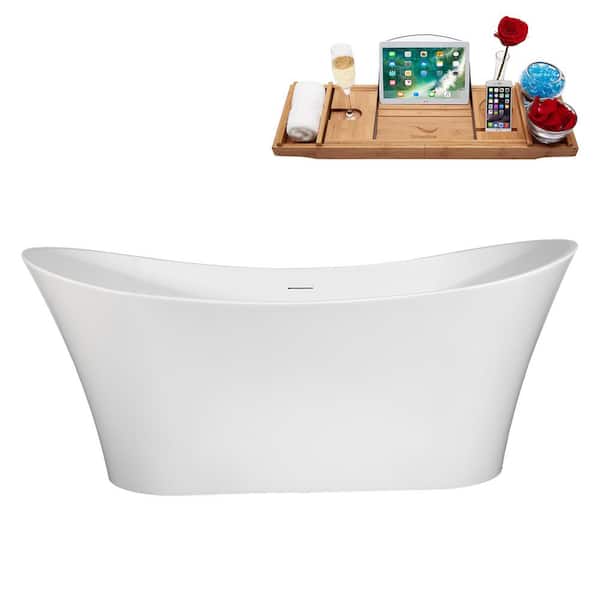 Streamline 67 in. x 31 in. Acrylic Freestanding Soaking Bathtub in Glossy White With Matte Oil Rubbed Bronze Drain, Bamboo Tray