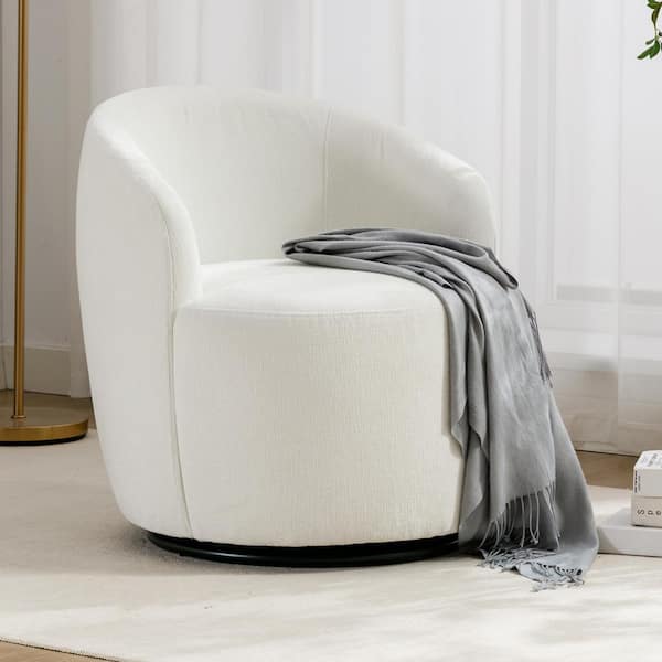 Ivory Chenille Fabric Swivel Accent Armchair with Black Powder Coating Metal Ring