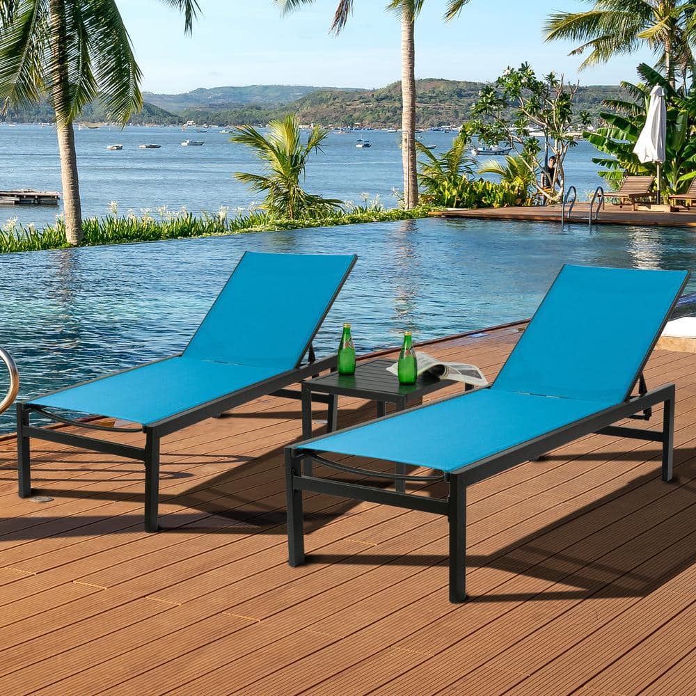 Outdoor Chaise Lounge Set Modern Full Flat Aluminum Patio Reclinging Adjustable Chaise Lounge, 2-Packs, Blue with Table price history on PriceWatchPro