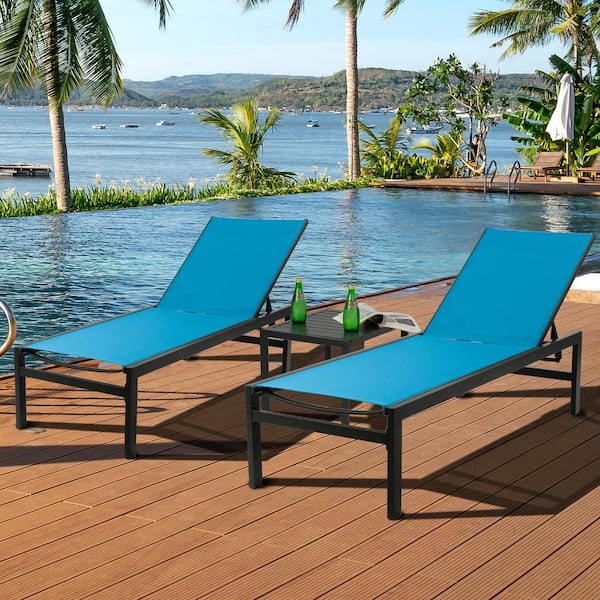 KOZYARD Outdoor Chaise Lounge Set Modern Full Flat Aluminum Patio Reclinging Adjustable Chaise Lounge, 2-Packs, Blue with Table
