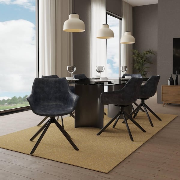 Leisuremod Swivel Dining Chair with Leather Seat and Iron Legs Modern Accent Side Armchairs in Black