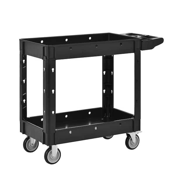 2-Tier 600 lbs. Capacity Plastic Heavy-Duty Utility Cart in Black with Locking Wheels and Handle