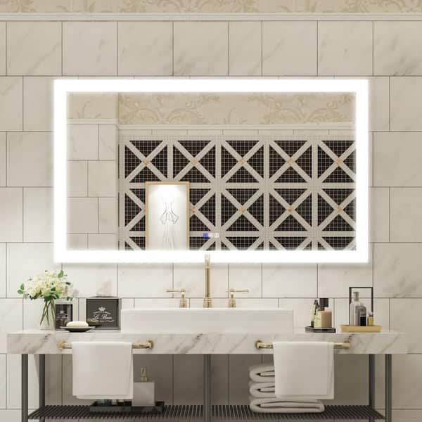 ANGELES HOME 55 in. W x 32 in. H Large Rectangular Metal Framed Anti-Fog Dimmable Wall Bathroom Vanity Mirror in Silver