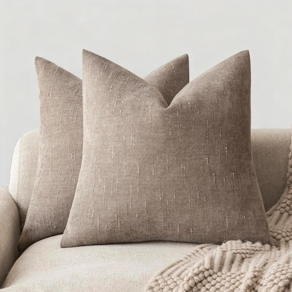 18x18 Inch Throw Pillow Covers 2-Pack Chenille Decorative Pillowcases Accent Cushion Cover, Light Taupe