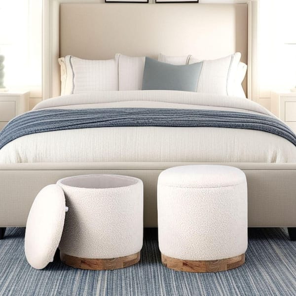 Carolina Chair & Table Handwoven Notus Ecru Polyester Boucle 16 in. Storage Ottoman with Wood Base