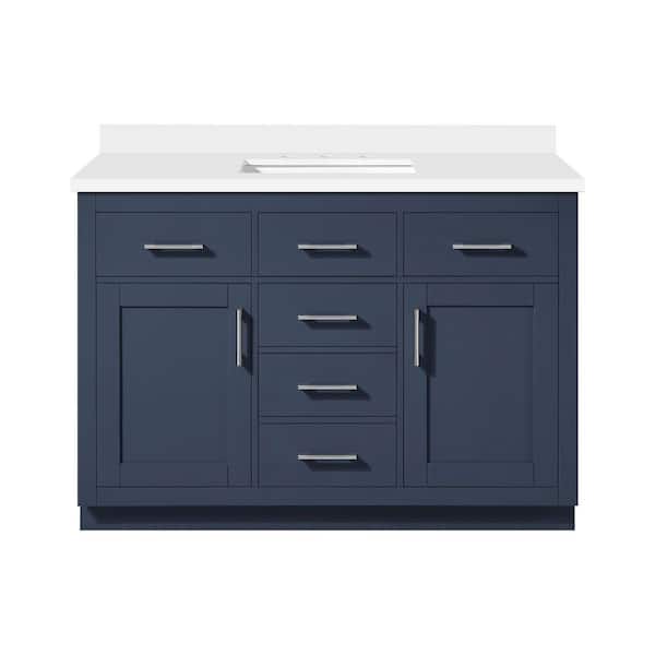 Bailey 48 in. Single Sink Midnight Blue Bath Vanity with White Quartz Top, Power Bar and Brushed Nickel Hardware