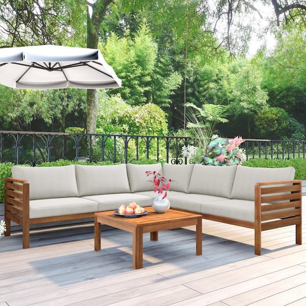 Unbranded Acacia Wood Outdoor Sectional Set with Coffee Table, Water-resistant UV Protected texture, Beige Cushions, Exotic Design