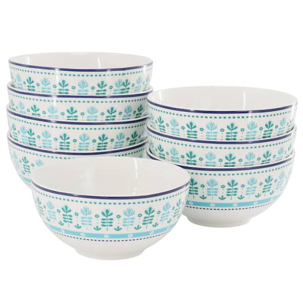 Gibson Home Village Vines Floral 8 Piece 20fl. oz. 6 Inch Fine Ceramic Bowl Set in White and Multi Green