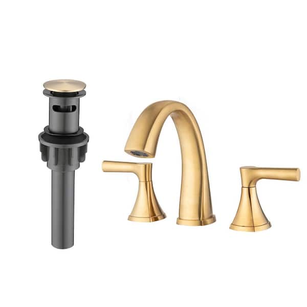 Lukvuzo Vanity 8 in. Widespread Double Handle Mid Arc Bathroom Faucet with Drain Kit Included in Brushed Gold (1-Pack)