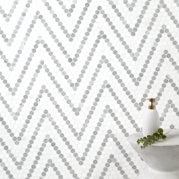 Bianco Dolomite Sazi 11 in. x 14 in. x 0.39 in. Polished Marble Mesh-Mounted Mosaic Tile (10.4 sq. ft./Case)