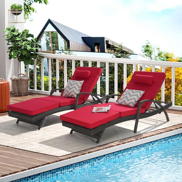 Unbranded Gray Wicker Outdoor Reclining Lounge Chair Lawn Sunbathing Chairs Recliner Set of 2 with Red Cushions, up to 150°