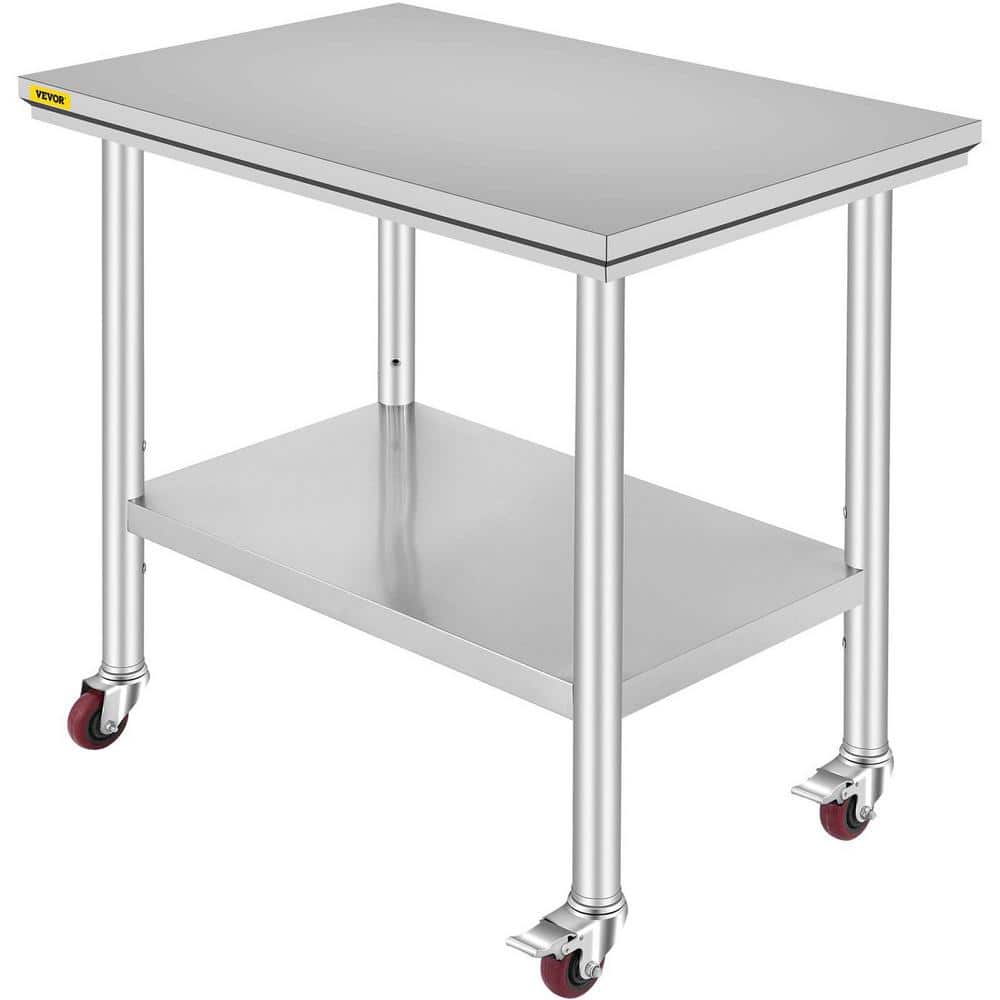 Sliver Stainless Steel 36 in. Kitchen Prep Table with 4 Wheels and Casters 