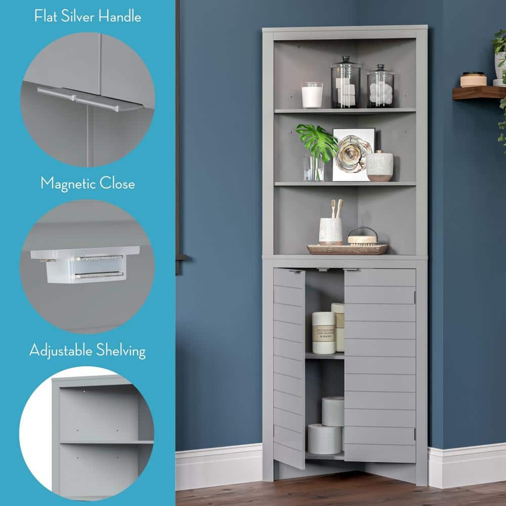Gray Tall Corner Bathroom Storage Cabinet with Adjustable Shelving