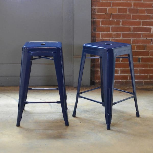 24 in. Blue Metal, Backless, Stackable Bar Stool (Set of 2)