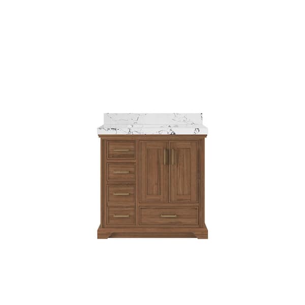Willow Collections Charlotte Teak 36 in. W x 22 in. D x 36 in. H Center Sink Bath Vanity in Dark Natural with 2 in. Viola Night Top