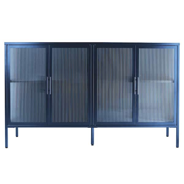 Unbranded 59.17 in. W x 13.86 in. D x 35.91 in. H Blue Linen Cabinet with 4 Glass Doors and Adjustable Shelf