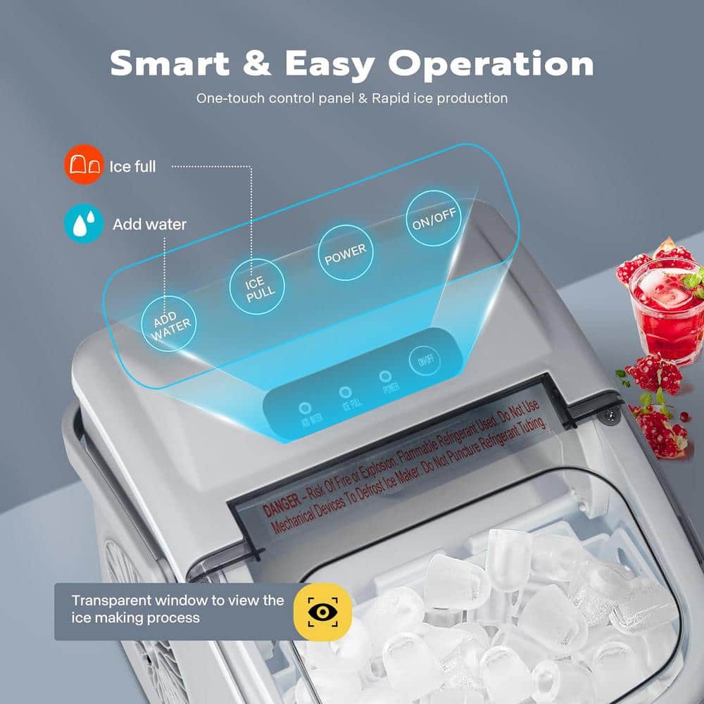 Compact Gray Portable Ice Maker with Handle and Self-Cleaning Function