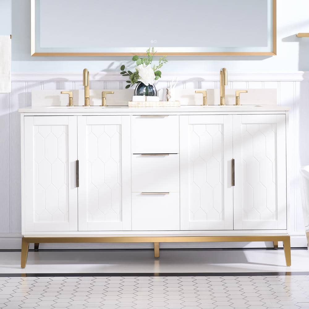 60 in.W Solid Wood Double Sink Bath Vanity in White with Carrara White Quartz Top, Soft-Close Drawer and Door, Assembled price drop on PriceWatchPro