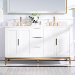 60 in.W x 22 in.D x 35 in.H Solid Wood Bath Vanity in White with White Quartz Top,Double Sink,Soft-Close Drawer and Door