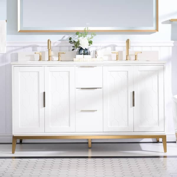 60 in.W Solid Wood Bath Vanity in White with White Quartz Top, Double Sink, Soft-Close Drawer and Door, Assembled