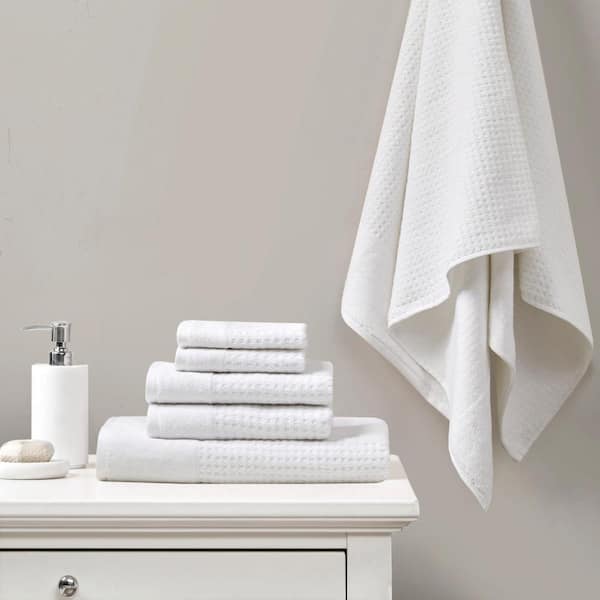 Spa Waffle 6-Piece White Cotton Jacquard Antimicrobial Towels Set