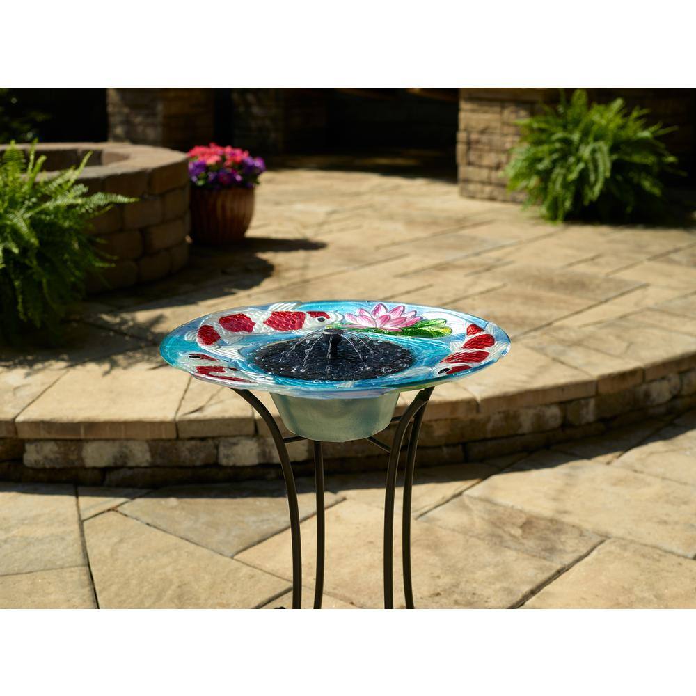 Hand-Painted Glass Koi Solar Birdbath with Steel Stand