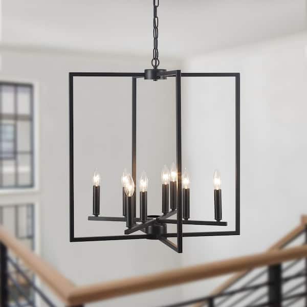 GoYeel 8-Light Black Modern Geometric Candle Chandelier 8 Lights Black Industrial Lantern Hanging Pendant Light