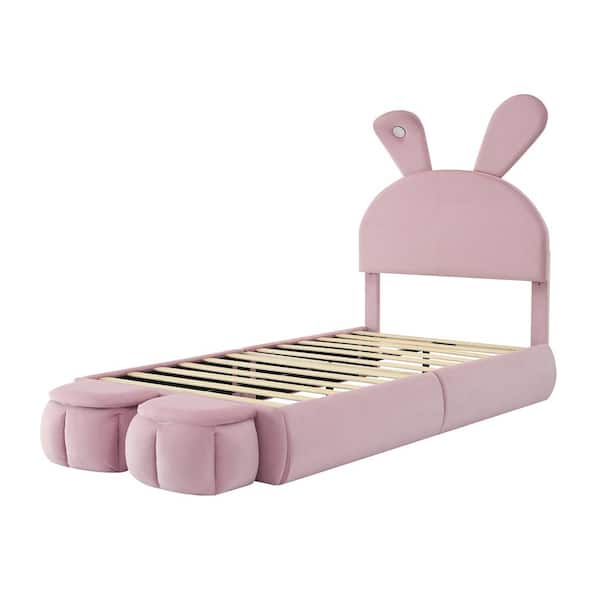 Pink Wood Frame Twin Platform Bed with Cartoon Ears Shaped Headboard and Light