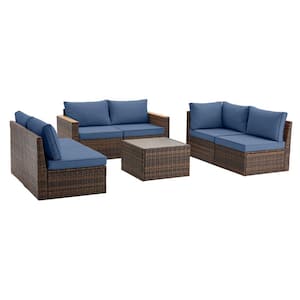 Brown Frame 7-Piece Wicker Outdoor Sofa Sectional Set with Blue Cushion, Outdoor Patio Furniture Exclusive Quick Install