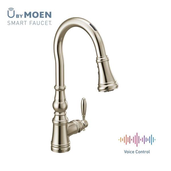 Moen U Weymouth Single Handle Pull Down Sprayer Smart Kitchen Faucet With Voice Control In Polished Nickel S73004evnl The Home Depot
