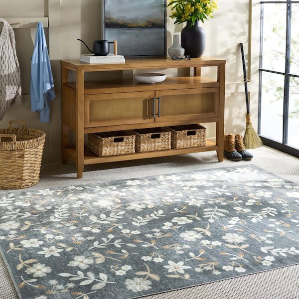 Martha Stewart Washable Dark Gray/Beige 3 ft. x 5 ft. Machine Washable Floral Ornate Area Rug