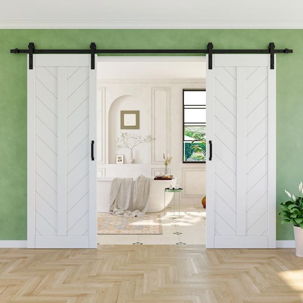 EH PUERTA 60 in. x 84 in. Solid Core Finished White MDF Herringbone Design Barn Door Slab with Hardware