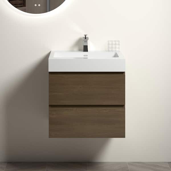 Staykiwi 24 in. W x 18 in. D x 25.2 in. H Wall-Mounted Bath Vanity in Dark Oak with White Solid Surface Top