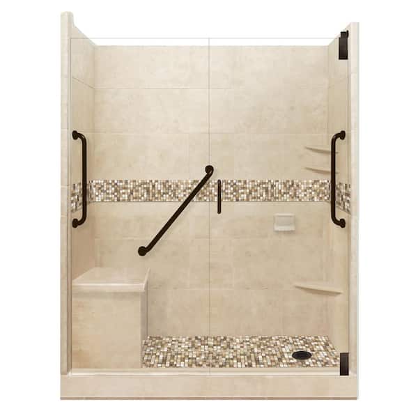 American Bath Factory Roma Freedom Grand Hinged 42 in. x 60 in. x 80 in. Right Drain Alcove Shower Kit in Brown Sugar and Old Bronze Hardware