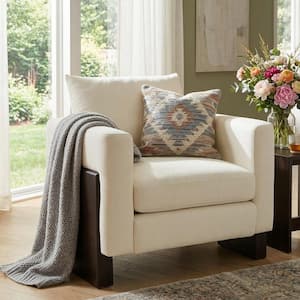 Modern Beige Chenille Accent Arm Chair with Solid Rubberwood Legs and Spacious Seating for Living Room and Bedroom