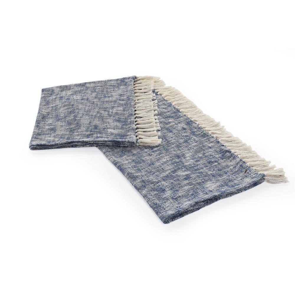 Navy Blue and Off-White Cotton Chambray Throw Blanket with Fringe