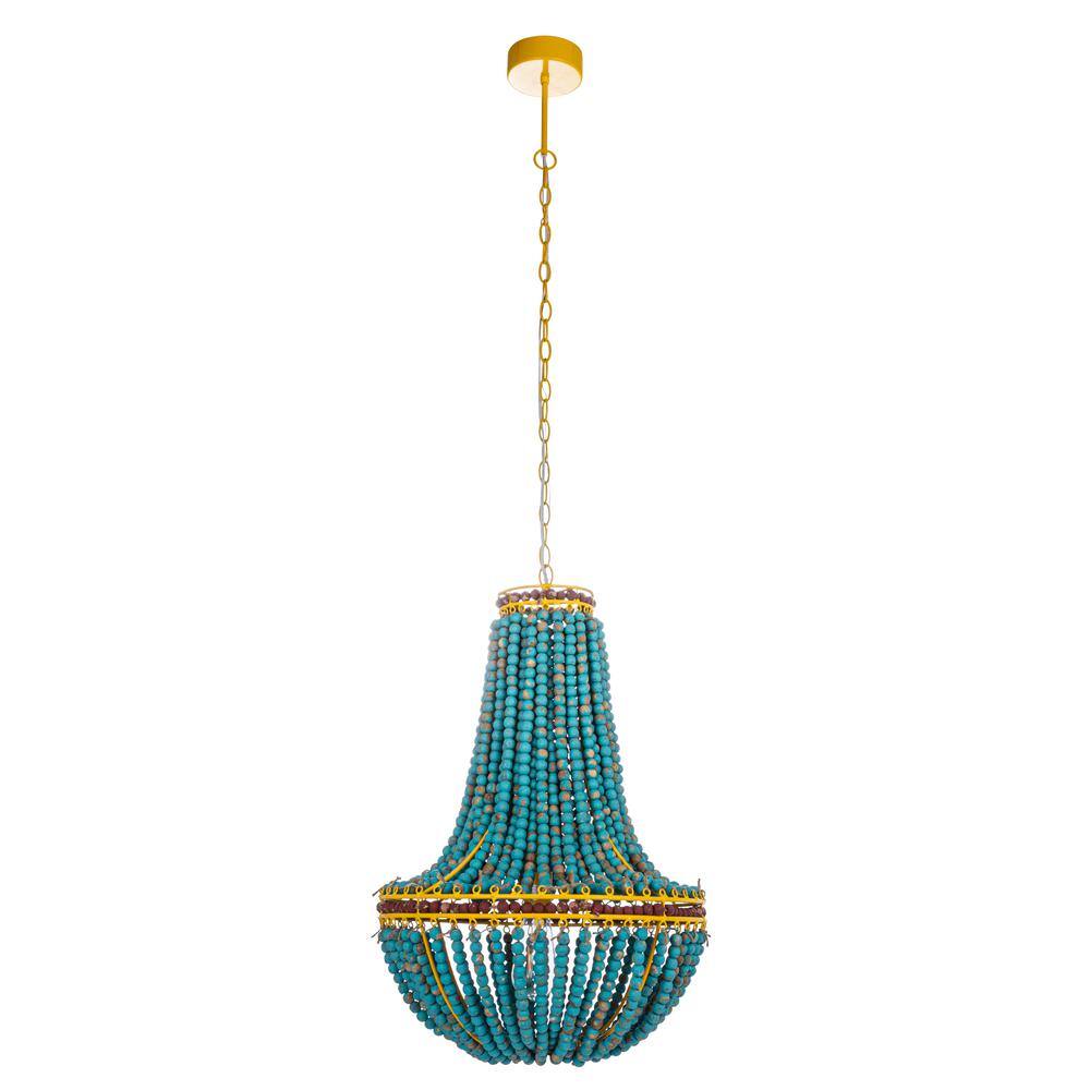 Eclectic Boho Multicolor Wood Beaded Chandelier with Yellow Metal Canopy