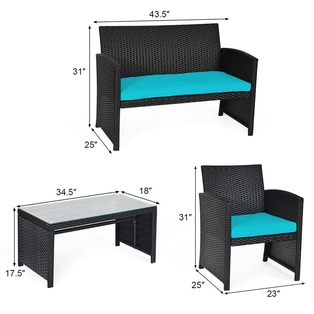 Turquoise Cushioned Black Wicker 4-Piece Patio Conversation Set