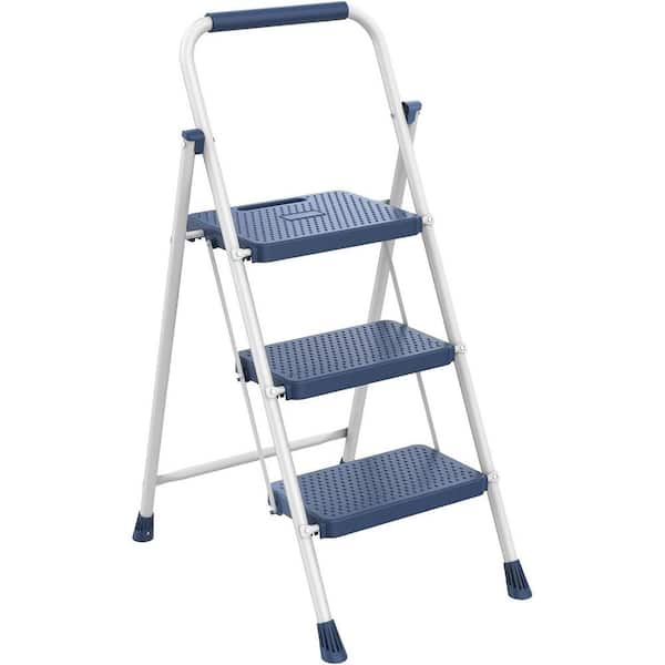 3-Step Lightweight Steel Step Stool (8 ft. Reach) with Safety Lock, 800 lb. Load Capacity, Blue