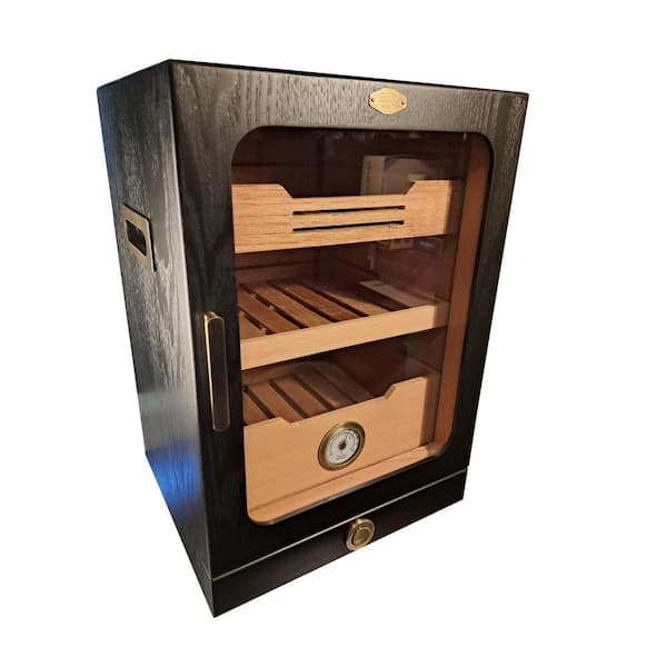 11 in. x 9.72 in. x 15.8 in. Black Desktop Cigar Humidor Cabinet Light Control System, with Spanish Cedar Wood Shelves