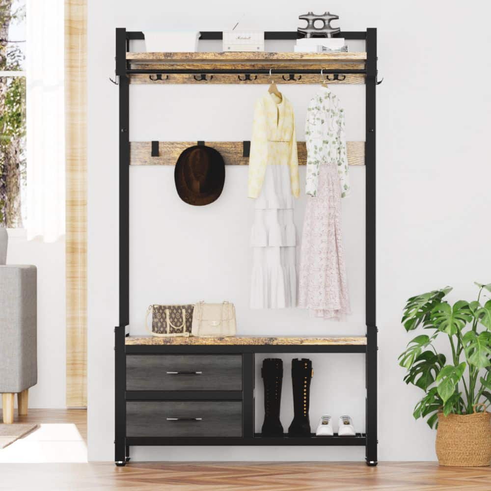 33.1 in. W x 11.8 in. D x 70.86 in. H Brown Wood Hall Tree with Drawers, Sh