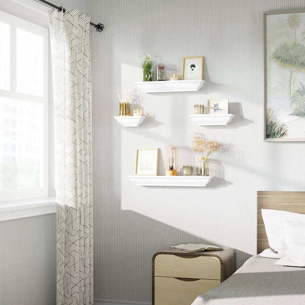 White Solid Wood Floating Wall Shelves Set of 4