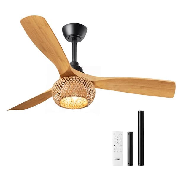 52 in. Integrated LED Indoor Yellow Boho Ceiling Fan with Wickerwork Cage, Timer and Remote Control